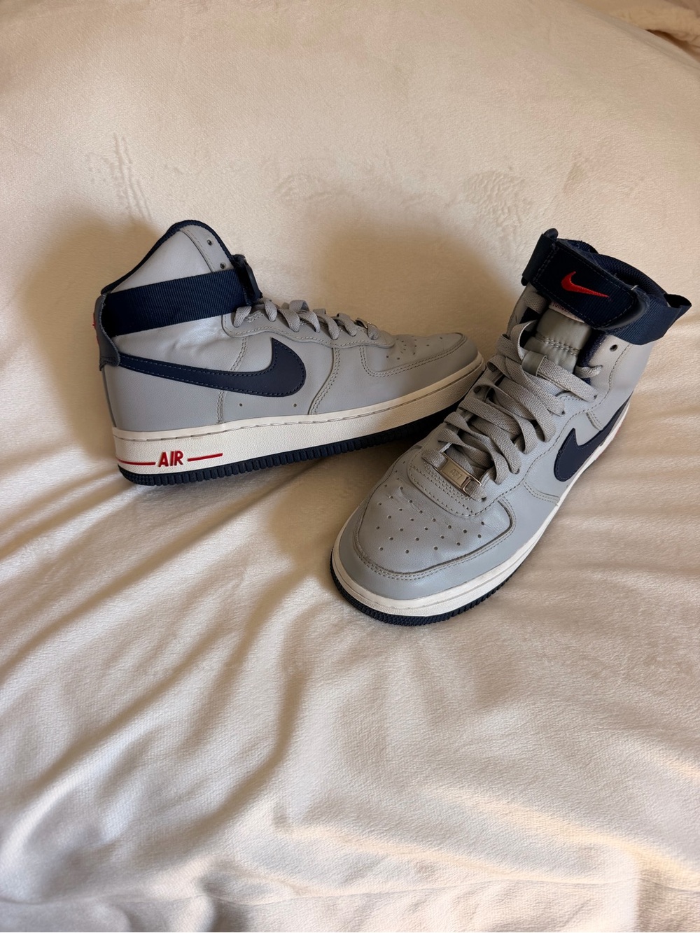 Nike High Top Sneakers in Light Gray, Navy & Red Accents